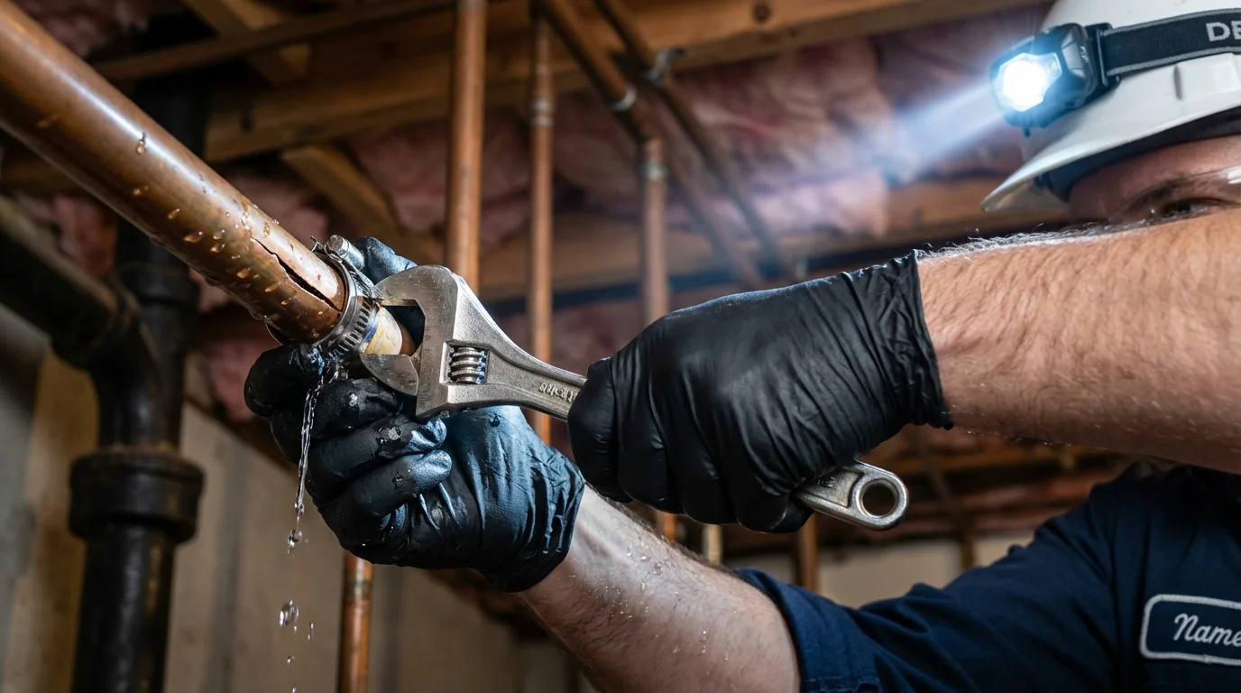 Emergency pipe clamp repair being performed by a Johns Plumbing LLC plumber in Jonestown