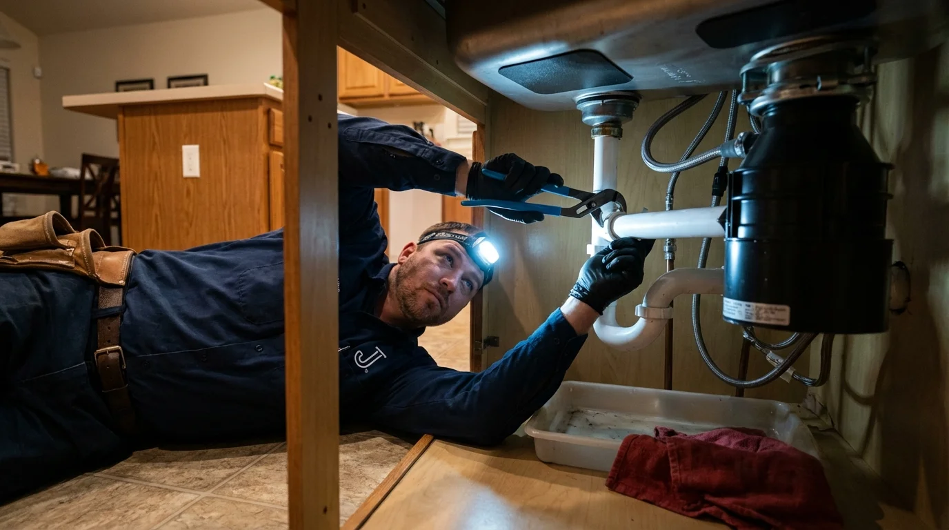 P-trap and supply line connections under a kitchen sink showing a common leak point in Jonestown, PA
